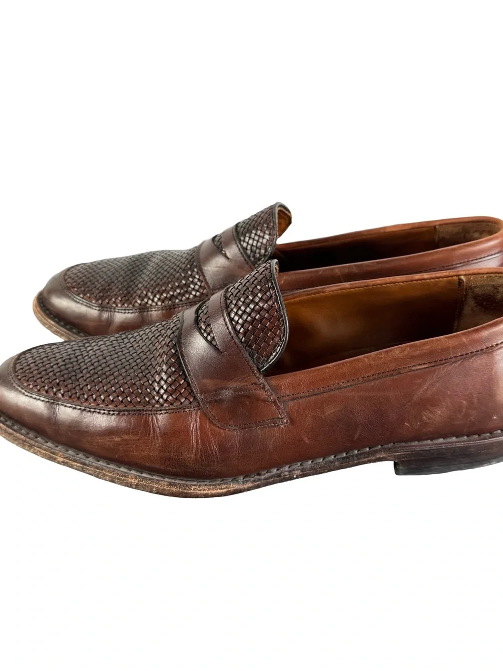 ALLEN EDMONDS Lake Bluff Leather Loafers Woven Penny Size 11.5 D Brown Shoes